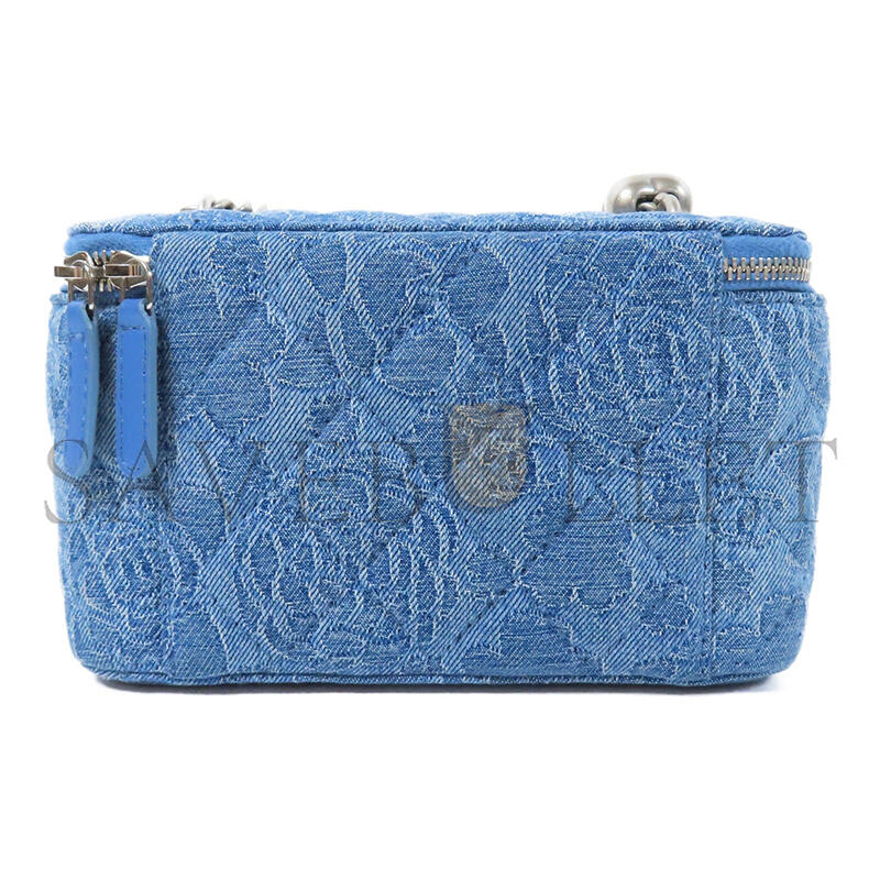 CHANEL VANITY DIAMOND QUILTED DENIM SHOULDER BAG WITH SILVER BUCKLE CHAIN STRAP (16*9.5*8cm)